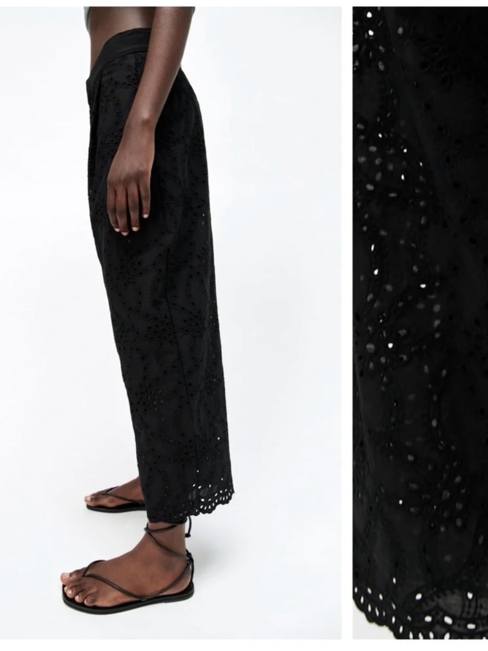 Zara Black Openwork Embroidery Eyelet‎ Cropped Trousers Size L NWT - Picture 4 of 16